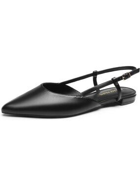 Women's Pointed-Toe Elegant Black Ballet Flat with Buckle Strap Classic Low Heel
